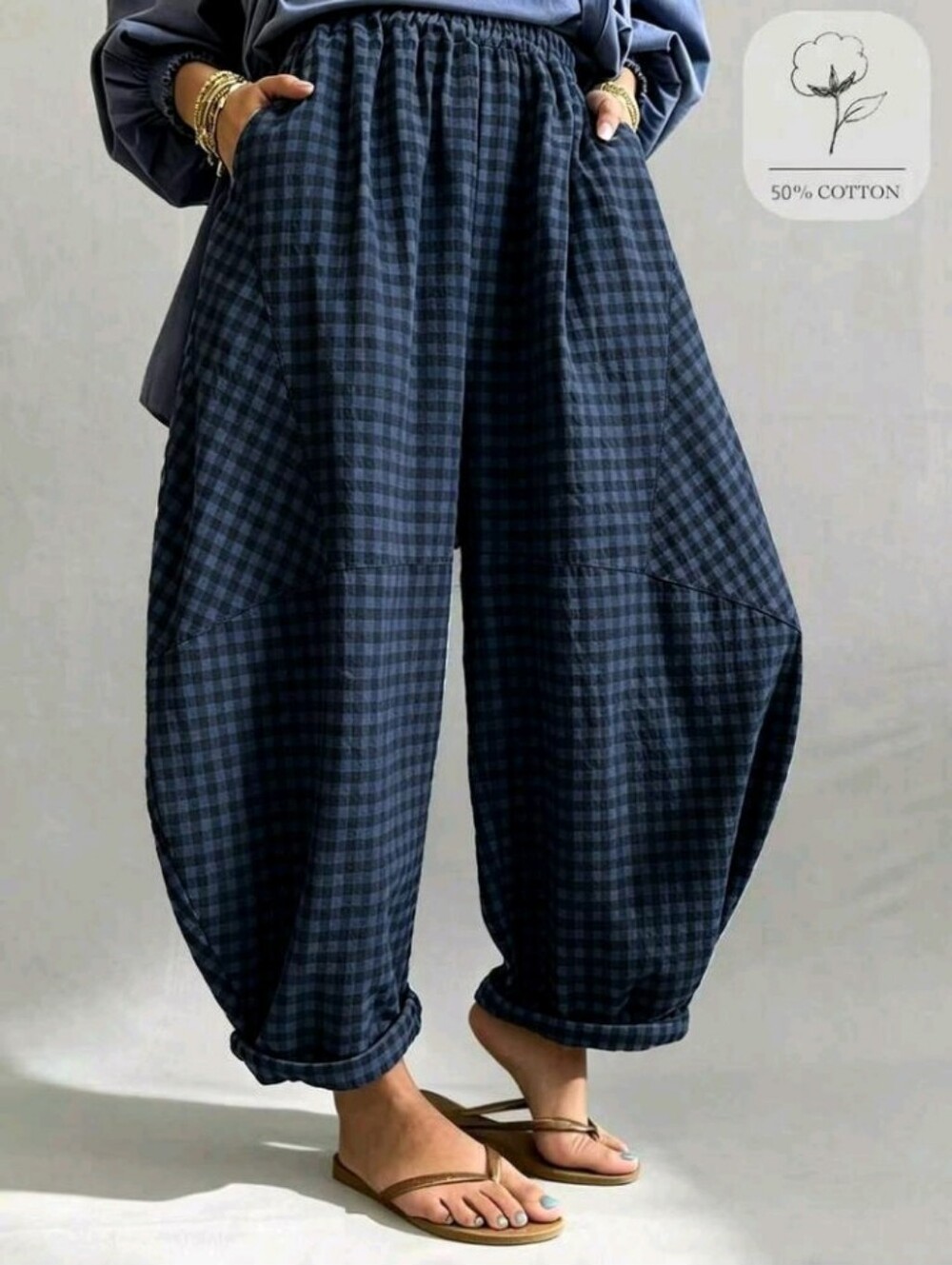 Summer 2026 New Bohemian Vintage Blue Plaid Loose Lantern Pants Balloon Pants